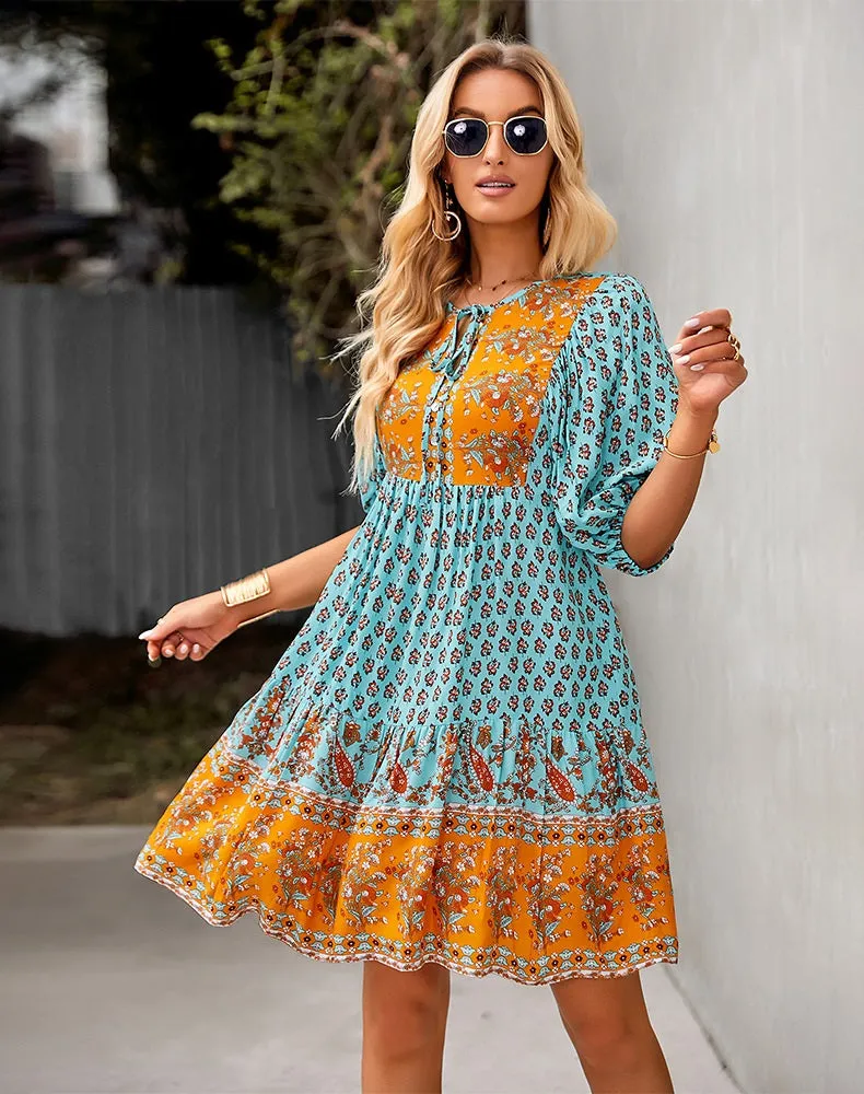 2023 Bohemian Dream Turquoise Floral Print Tie Neck Puffed Sleeve Dress