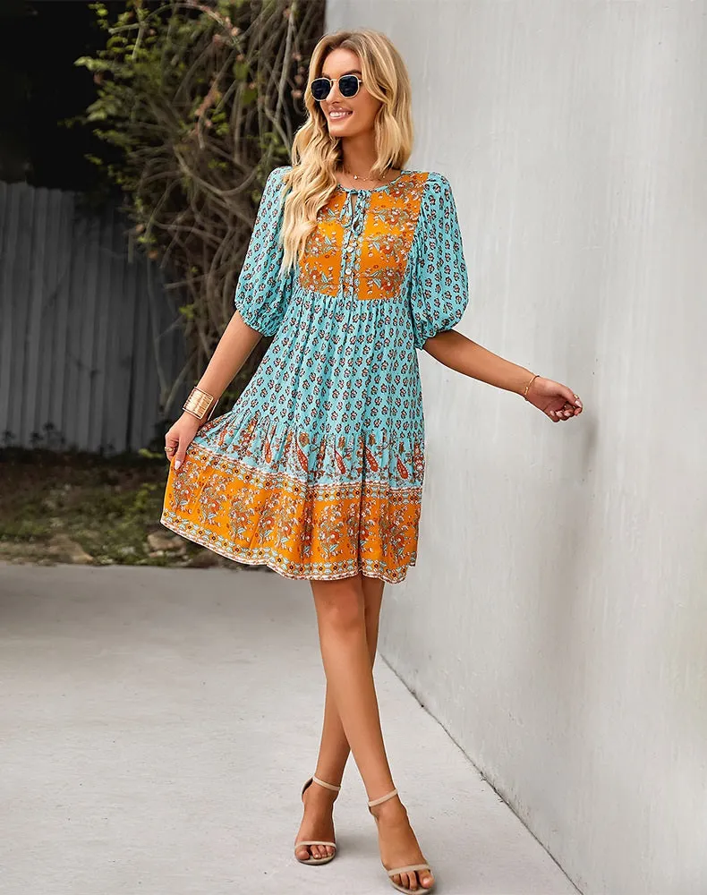 2023 Bohemian Dream Turquoise Floral Print Tie Neck Puffed Sleeve Dress