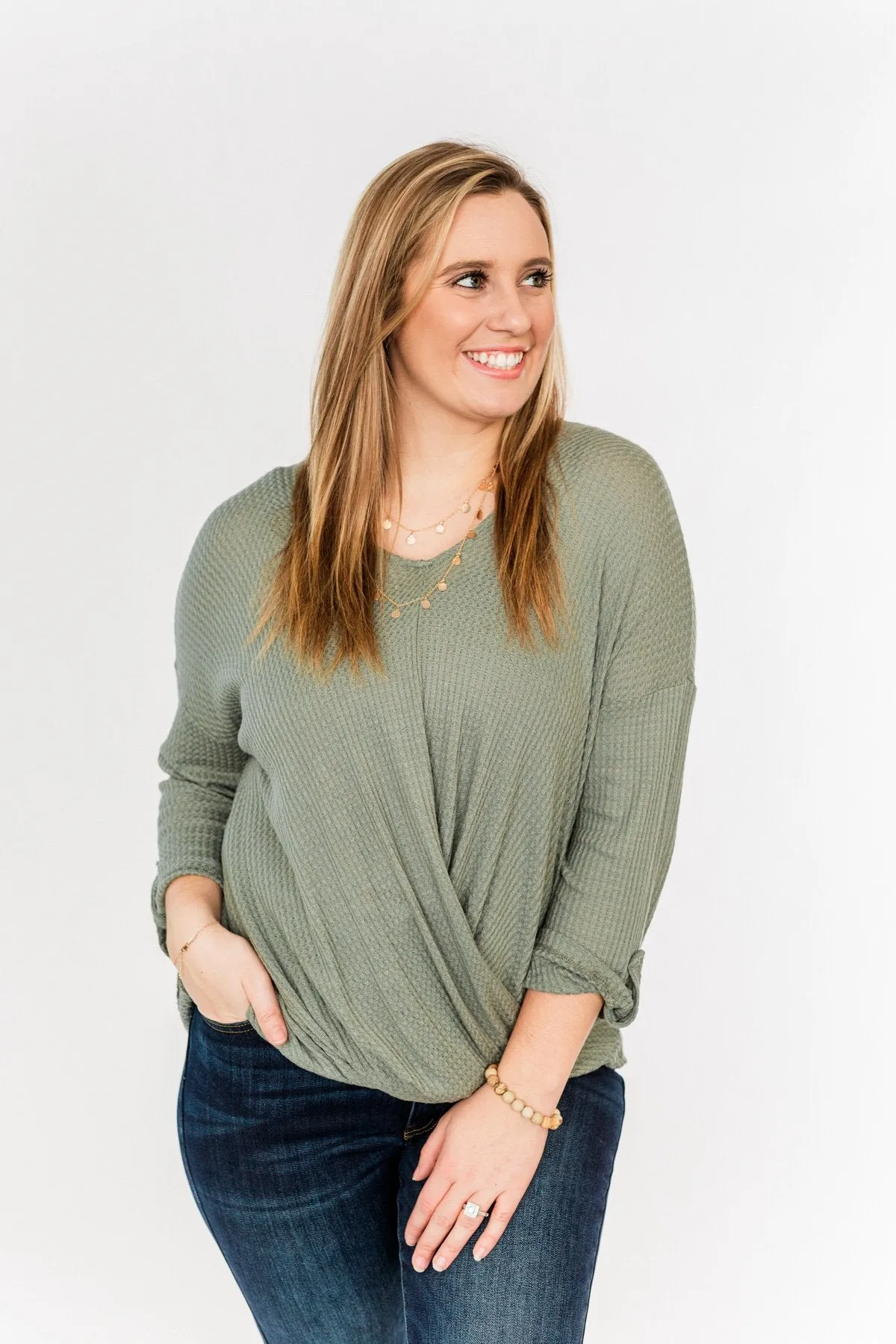 A Wonderful Life Waffle Knit Top- Dark Sage