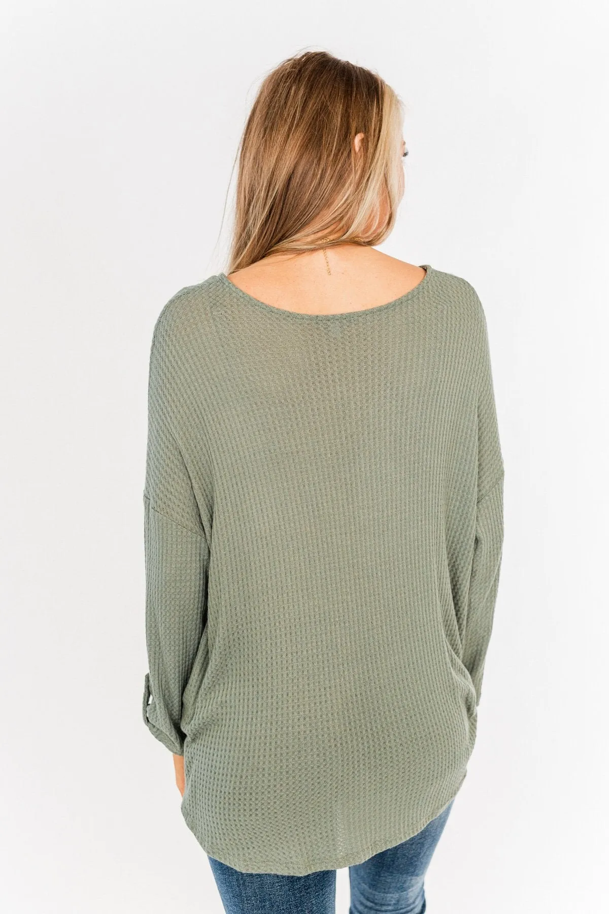 A Wonderful Life Waffle Knit Top- Dark Sage