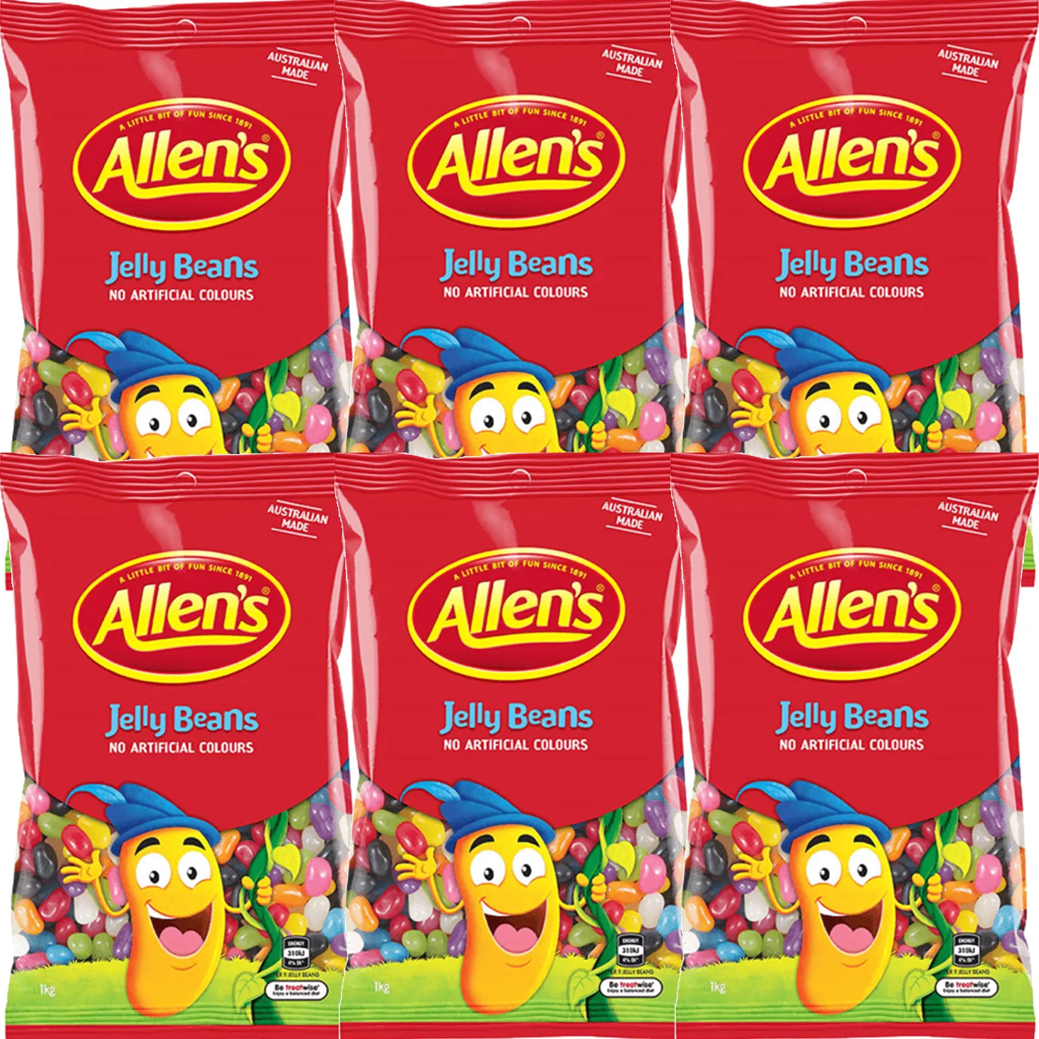 Allens Jelly Beans Lollies 1Kg Australian Made Bulk 6 Pack