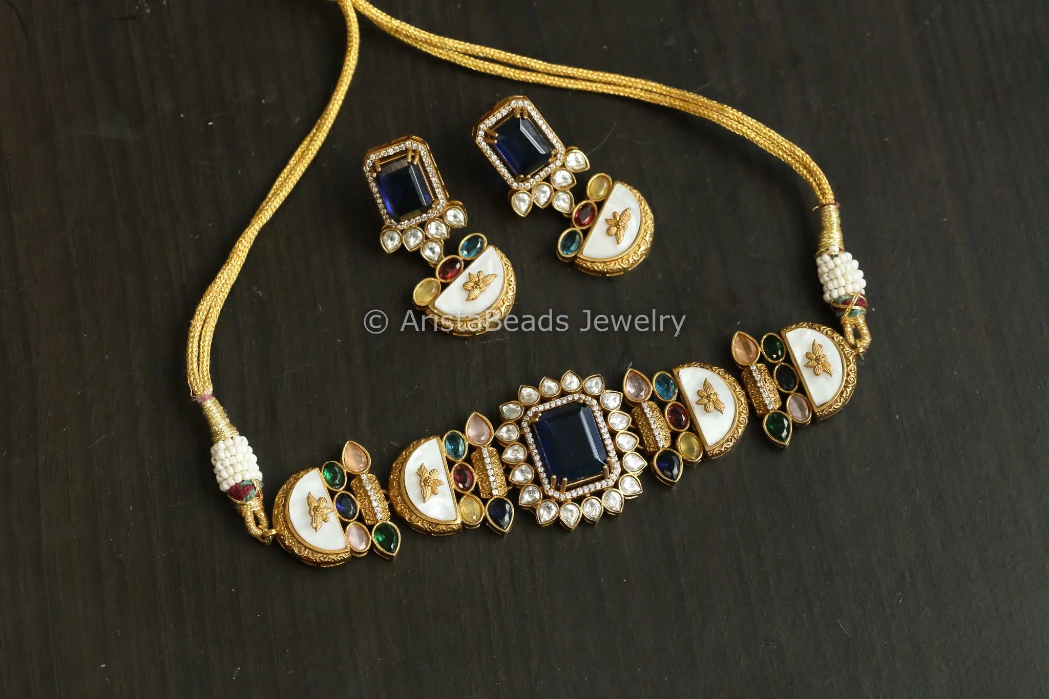 Antique Gold MOP & Blue Stone Set  (ABJ-N101-66)