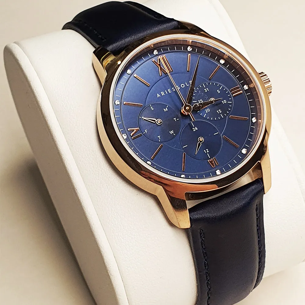 Aries Gold Blue Leather Strap Women Watch L 1028 RG-BU