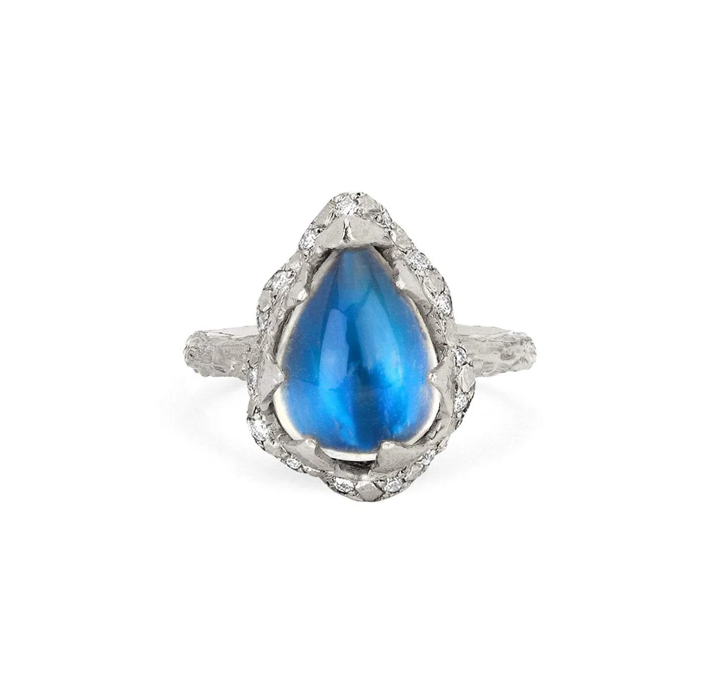 Baby Queen Water Drop Blue Sheen Moonstone Ring with Sprinkled Diamonds