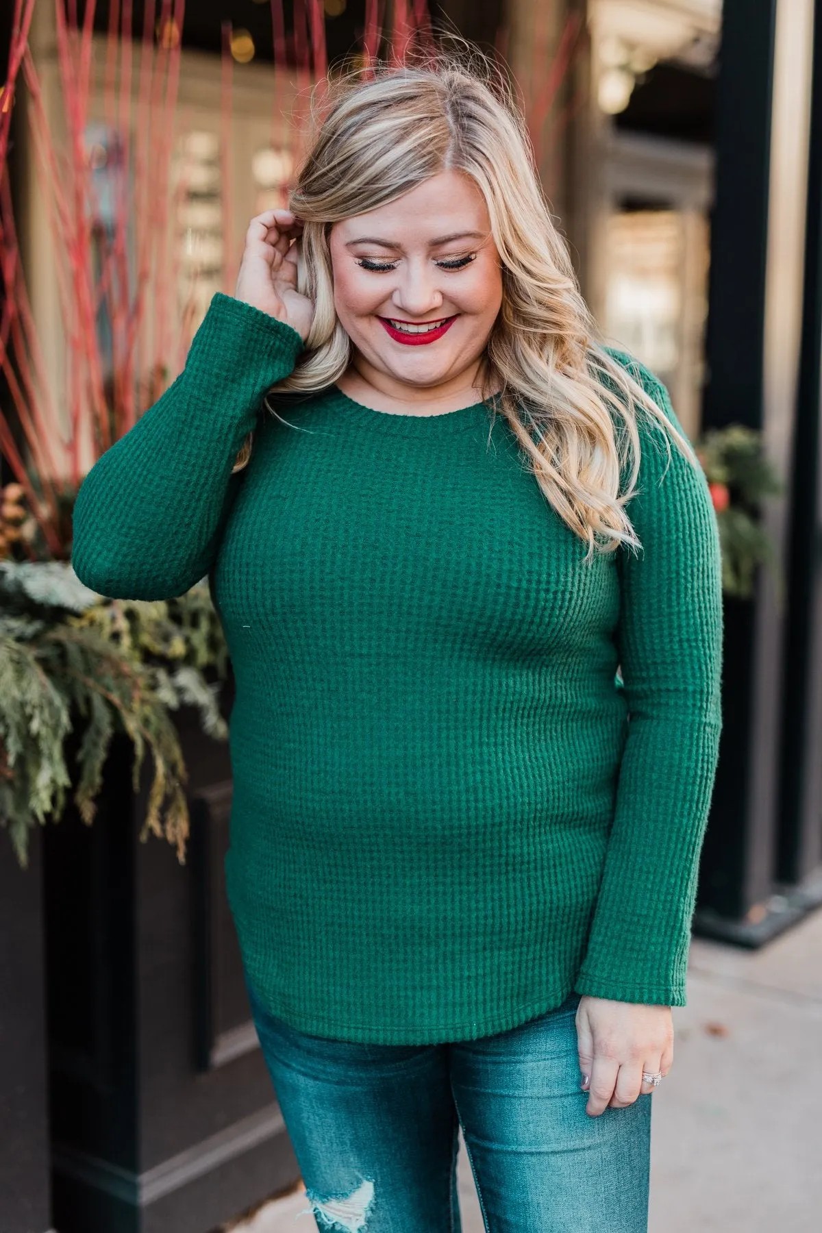 Be With You Waffle Knit Top- Hunter Green