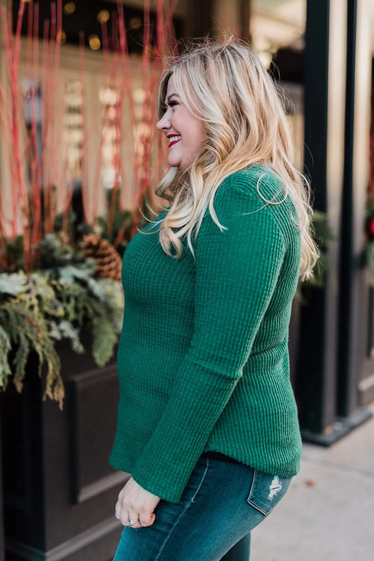 Be With You Waffle Knit Top- Hunter Green