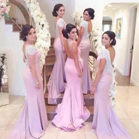 Beading Cap Sleeve Open Back Sexy Mermaid Ruffles Chapel Trailing Long Bridesmaid Dresses,CB0002