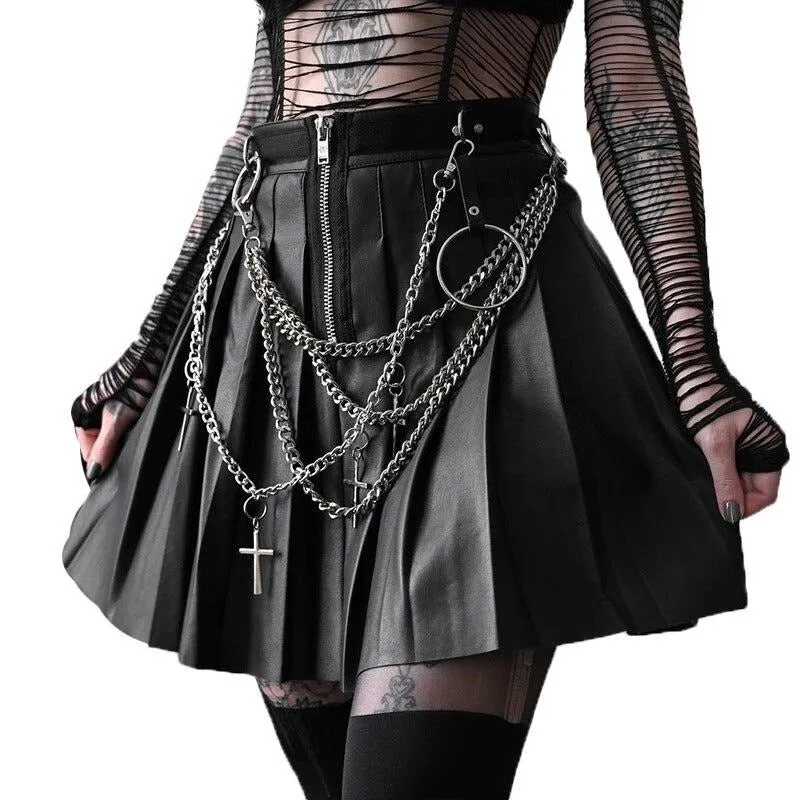 Black Chain PU Leather Punk Skirts Women Gothic Streetwear High Waist Zipper Short Grunge Hip Hop Lady Retro Party Mini Skirts