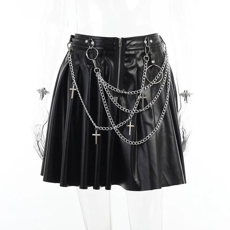 Black Chain PU Leather Punk Skirts Women Gothic Streetwear High Waist Zipper Short Grunge Hip Hop Lady Retro Party Mini Skirts