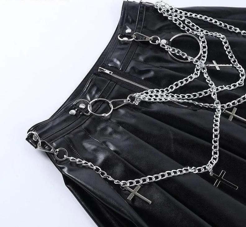 Black Chain PU Leather Punk Skirts Women Gothic Streetwear High Waist Zipper Short Grunge Hip Hop Lady Retro Party Mini Skirts