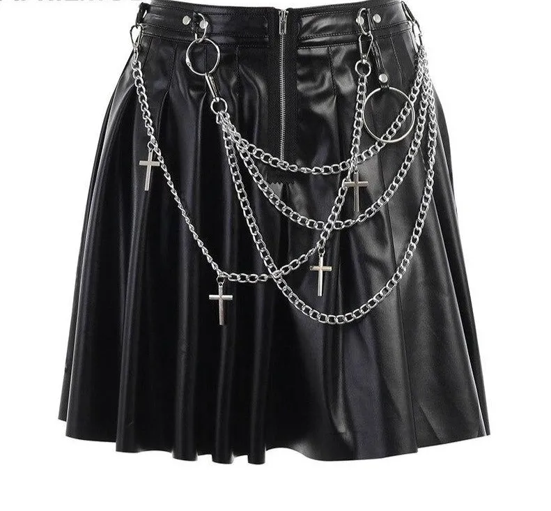 Black Chain PU Leather Punk Skirts Women Gothic Streetwear High Waist Zipper Short Grunge Hip Hop Lady Retro Party Mini Skirts