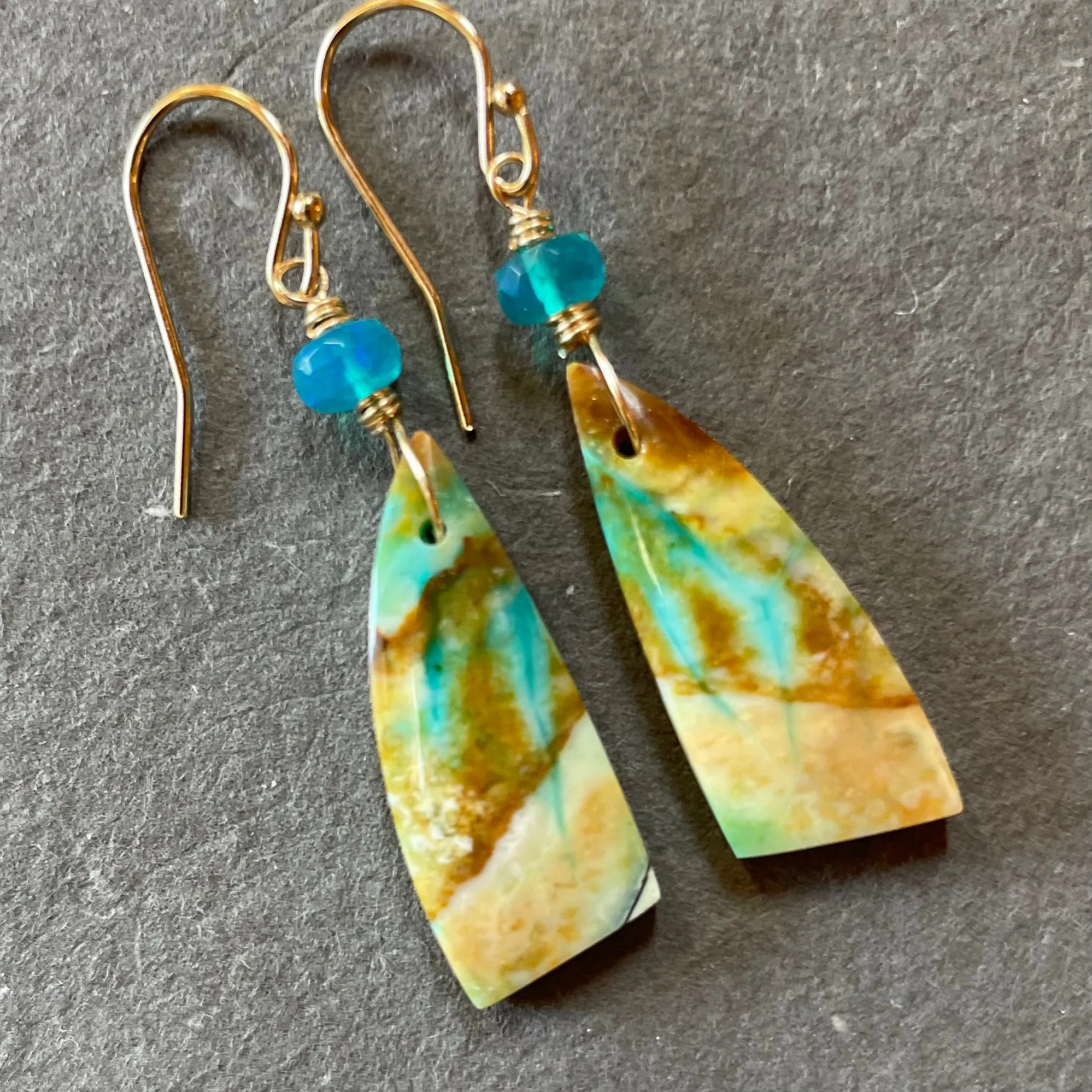 Blue Wood Opal Earrings, OOAK, gold