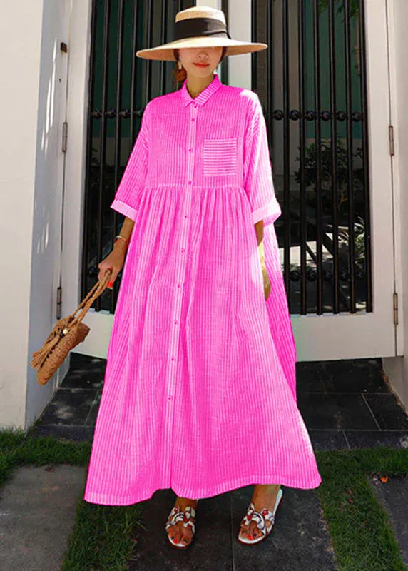 Bohemian Rose Peter Pan Collar Striped Button Pockets Wrinkled Long Dresses Half Sleeve