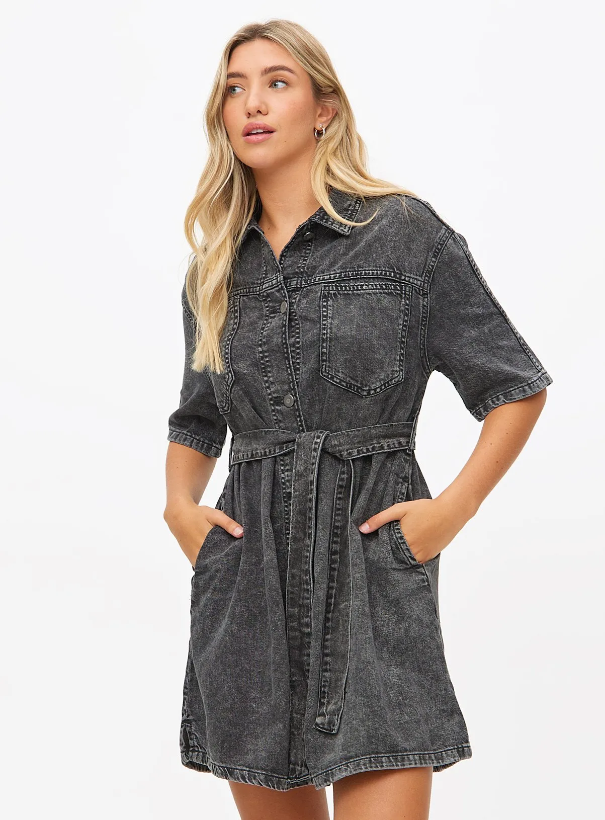 Buy Grey Acid Wash Denim Oversized Shirt Dress 14 | Dresses | Tu