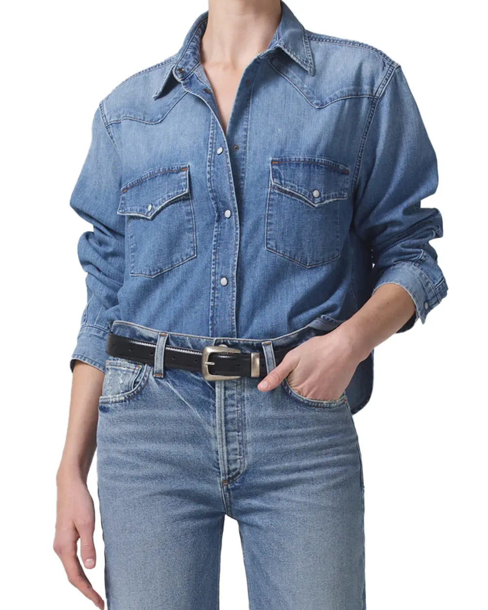 Carolina Blue Denim Crop Western Shirt