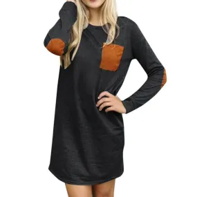 Casual Dresses For Women Loose O NecK Long Sleeve Pocket Patchwork Straight Tunic Mini Dress Vestidos GS