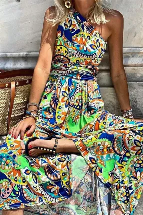 Casual Print Patchwork One Shoulder Waist Skirt Dresses