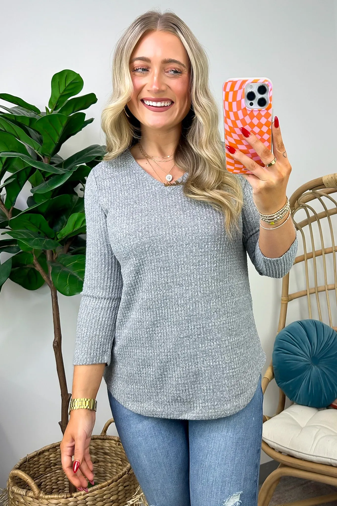 Ciarrah Waffle Knit V-Neck Top - FINAL SALE