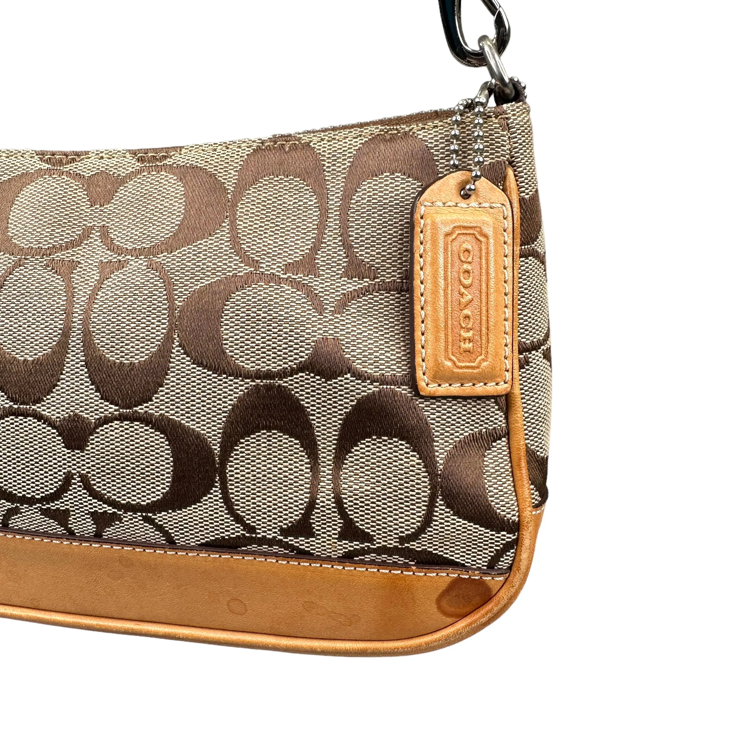 COACH SIGNATURE CANVAS MINI POCHETTE BAG - BEIGE / TAN