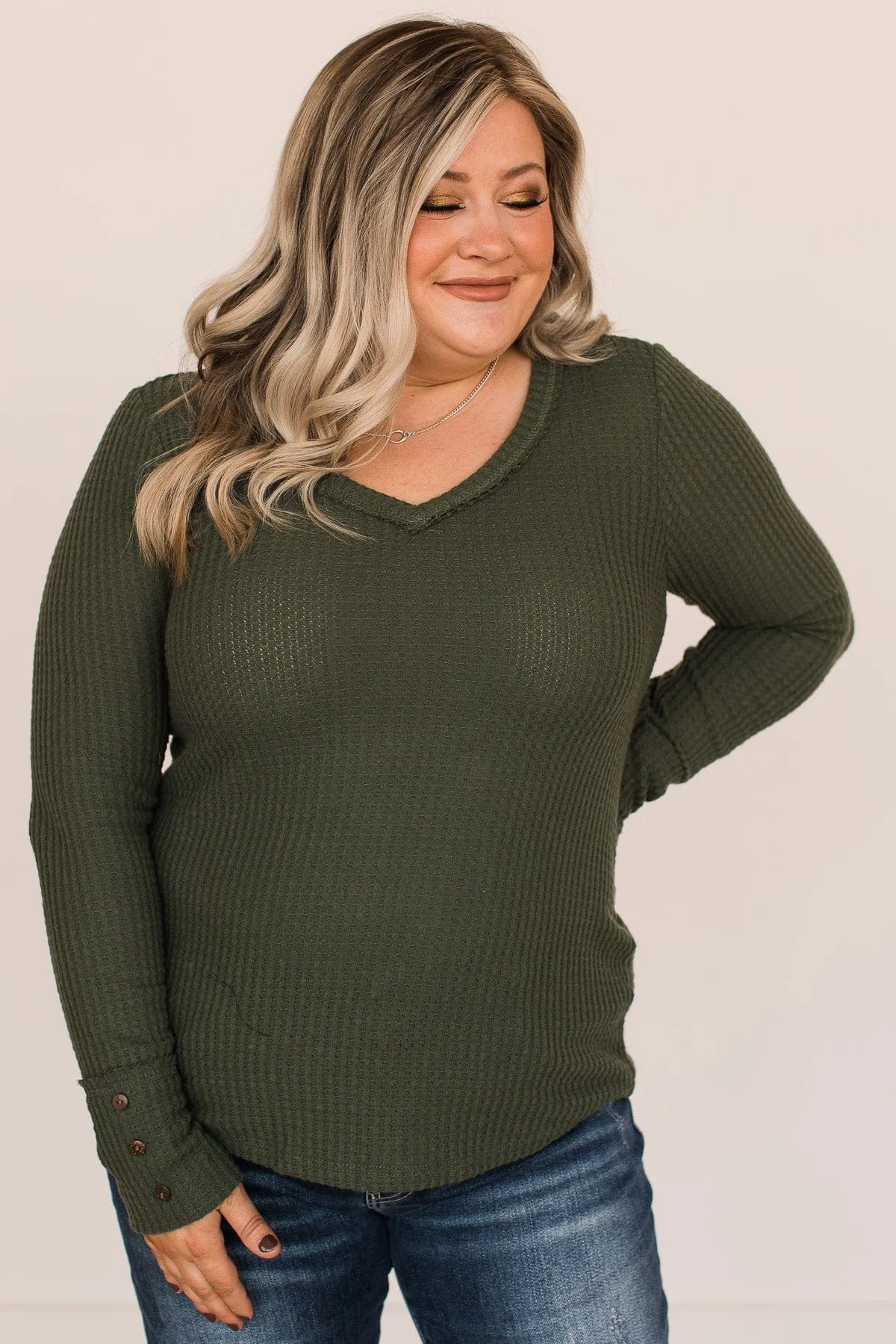 Cozy Up Waffle Knit Long Sleeve Top- Olive