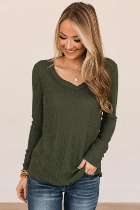 Cozy Up Waffle Knit Long Sleeve Top- Olive