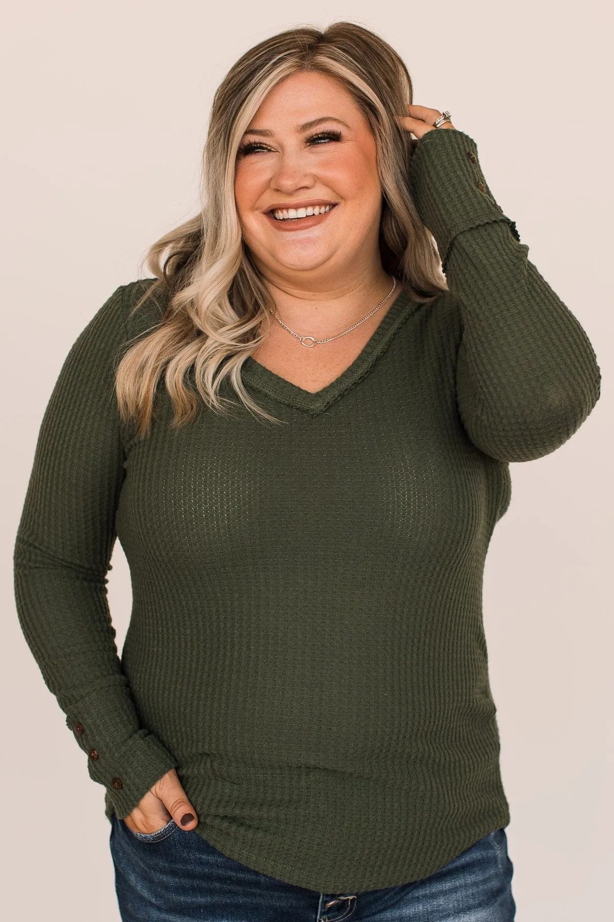 Cozy Up Waffle Knit Long Sleeve Top- Olive