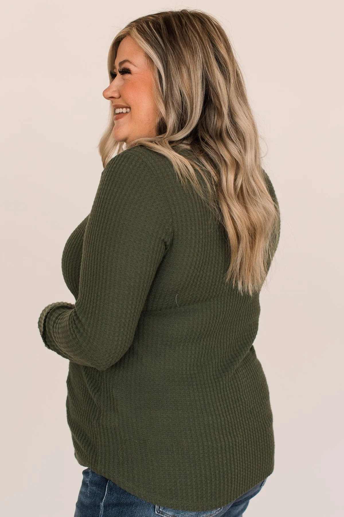 Cozy Up Waffle Knit Long Sleeve Top- Olive