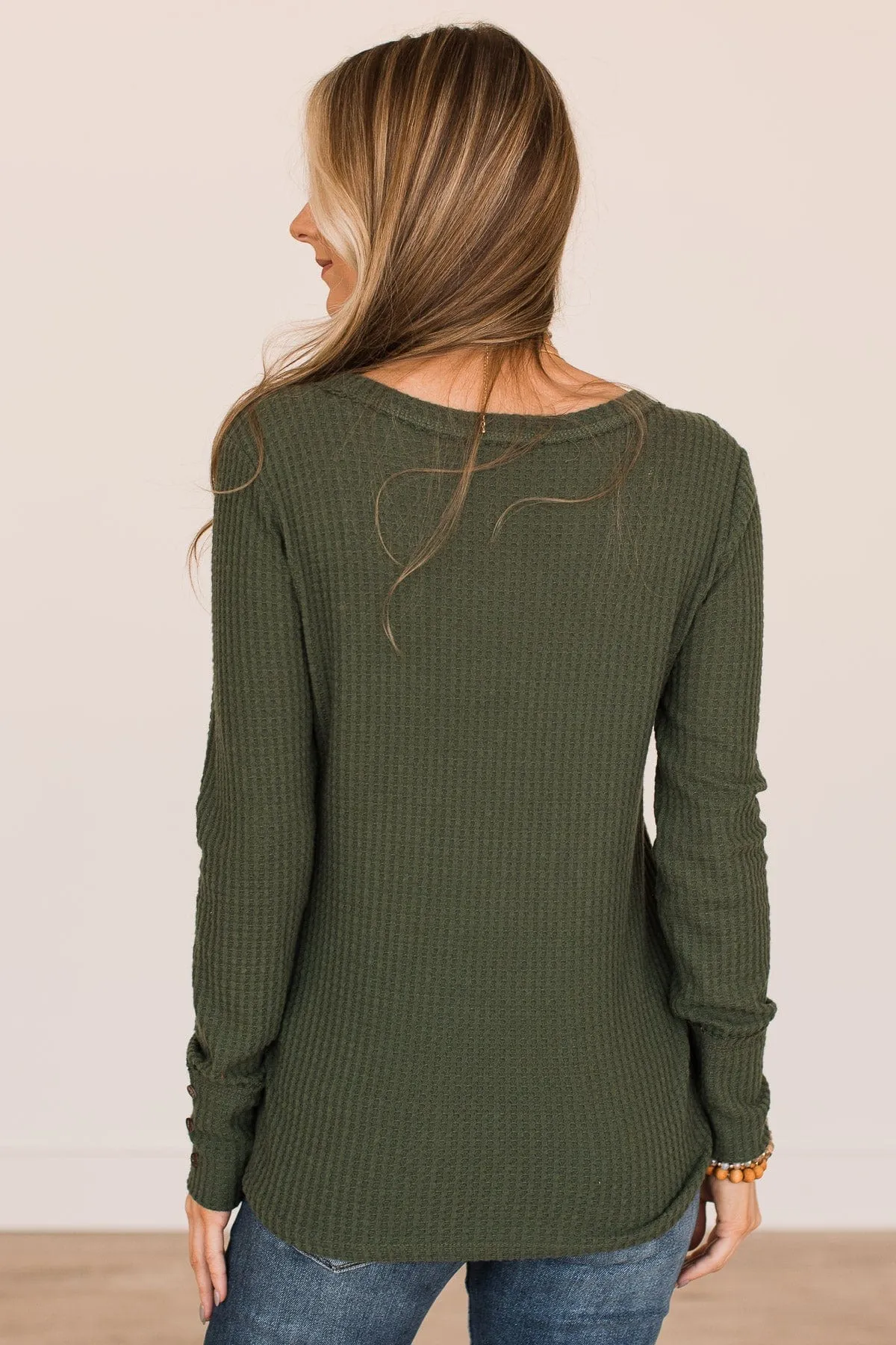 Cozy Up Waffle Knit Long Sleeve Top- Olive