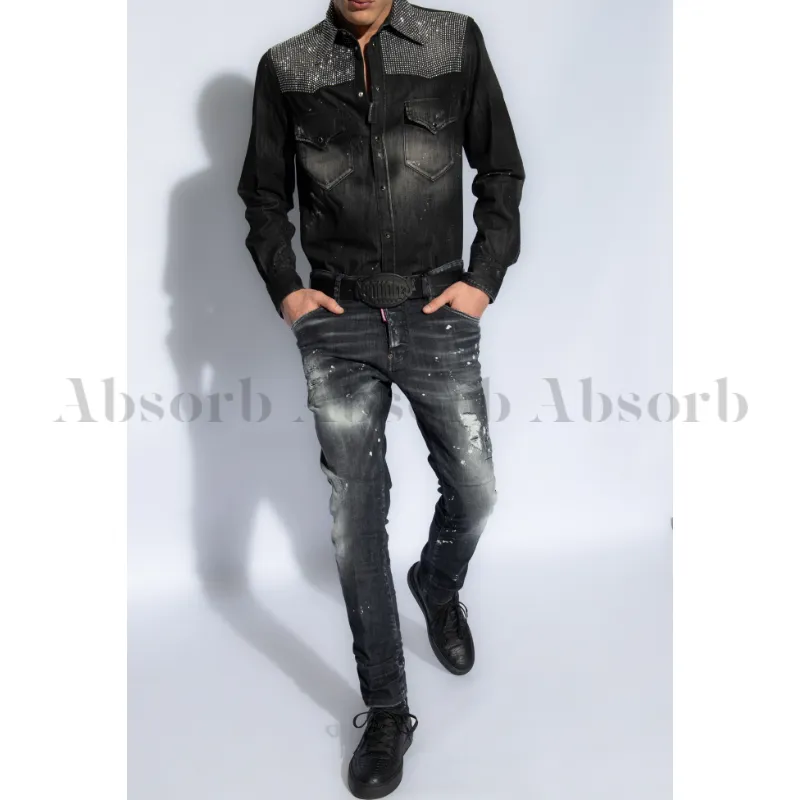 D SQUARED2  |Denim Studded Long Sleeves Cotton Luxury Shirts