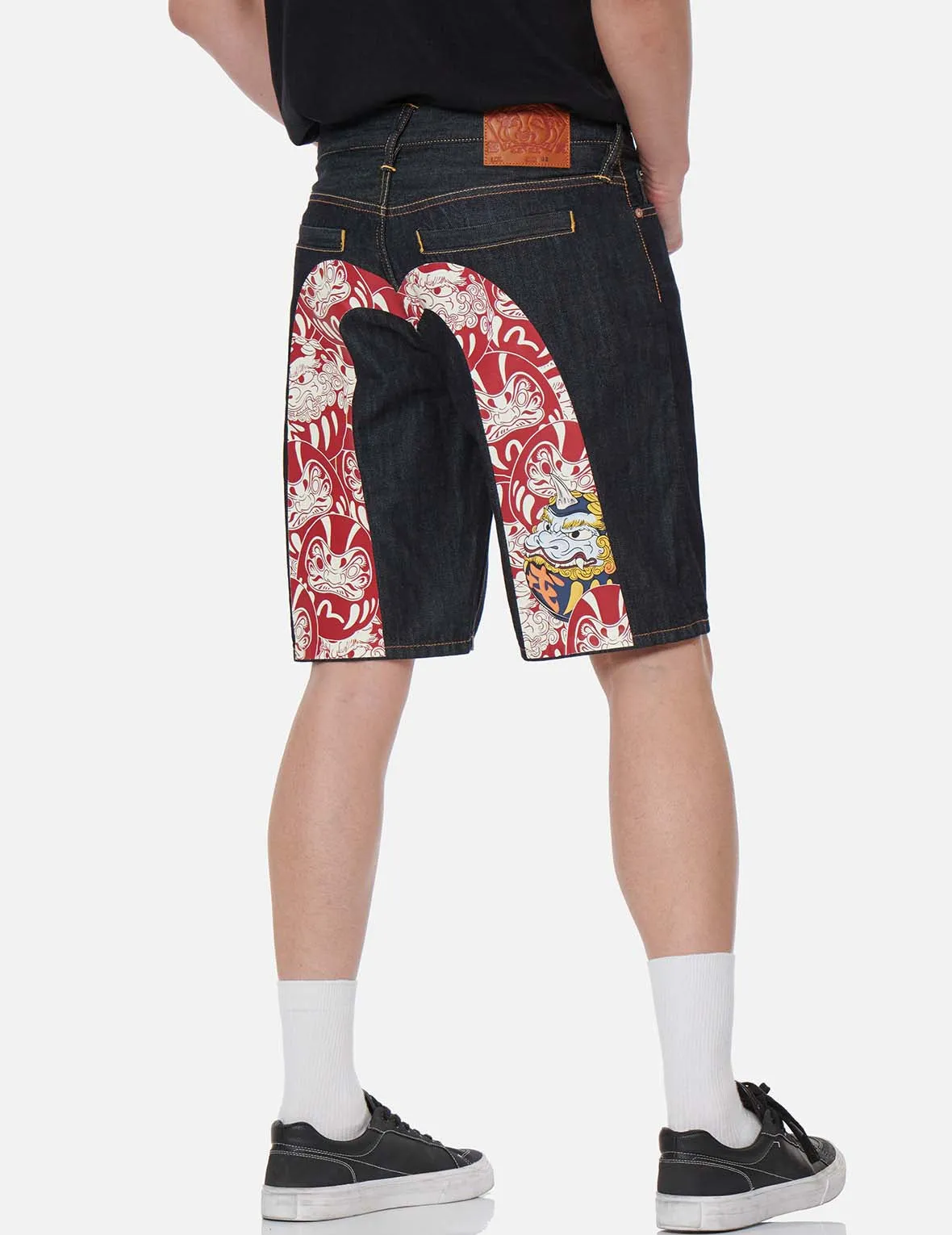 Daruma Buddies Pattern Daicock Print Denim Shorts