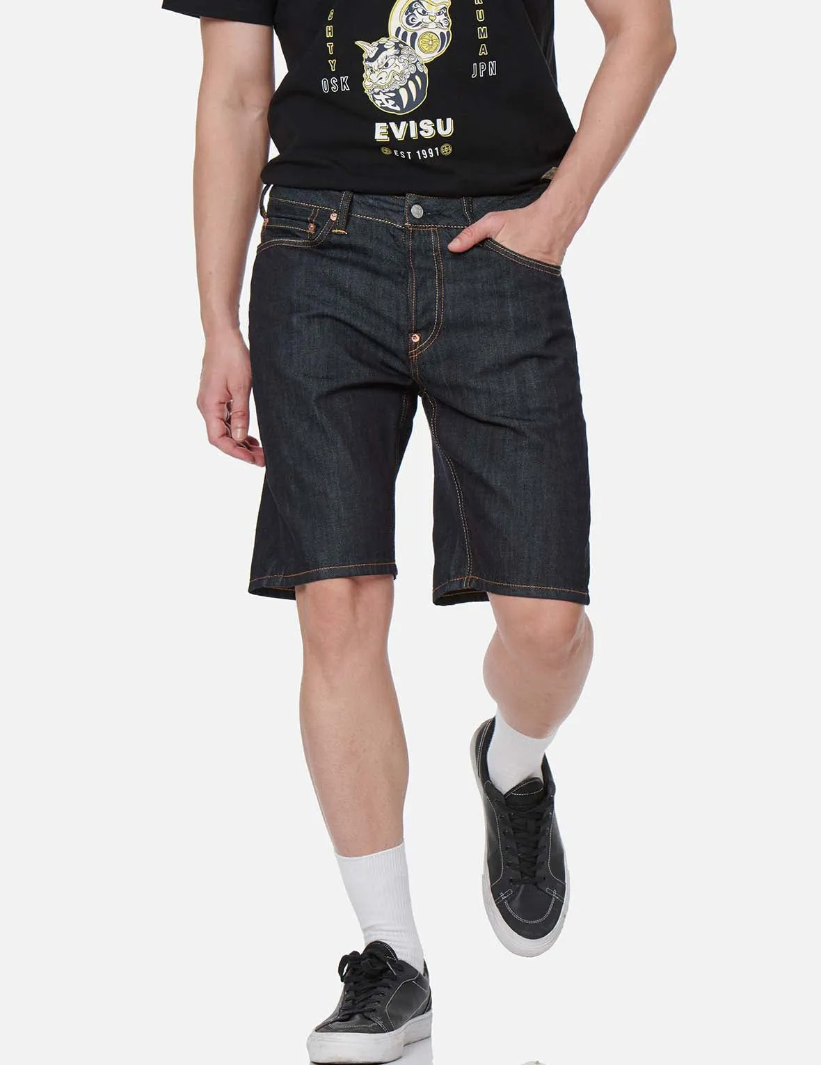 Daruma Buddies Pattern Daicock Print Denim Shorts