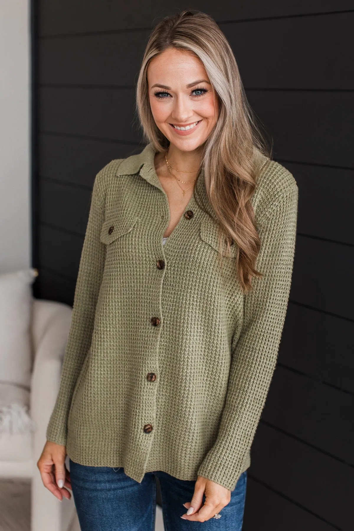 Don't Be Fooled Waffle Knit Button Top- Sage