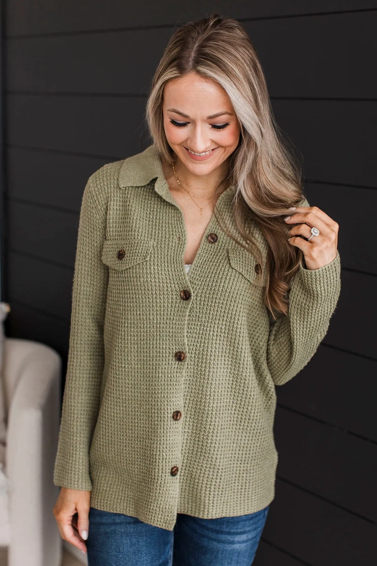 Don't Be Fooled Waffle Knit Button Top- Sage