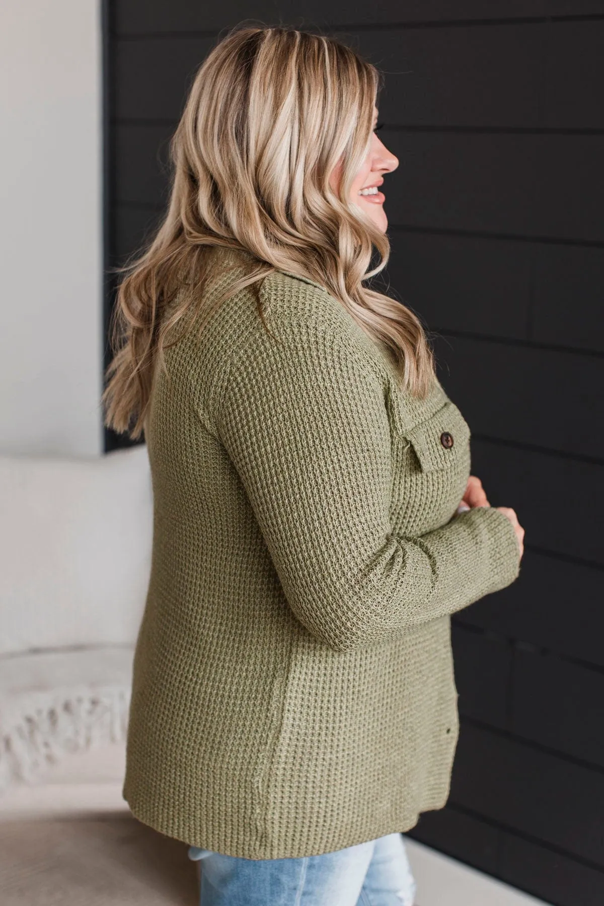 Don't Be Fooled Waffle Knit Button Top- Sage