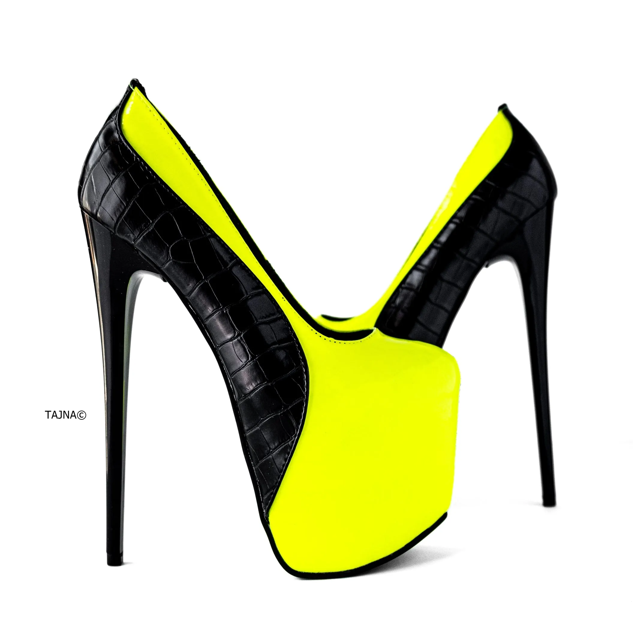 Double Colour Black Croco Yellow Neon Pumps