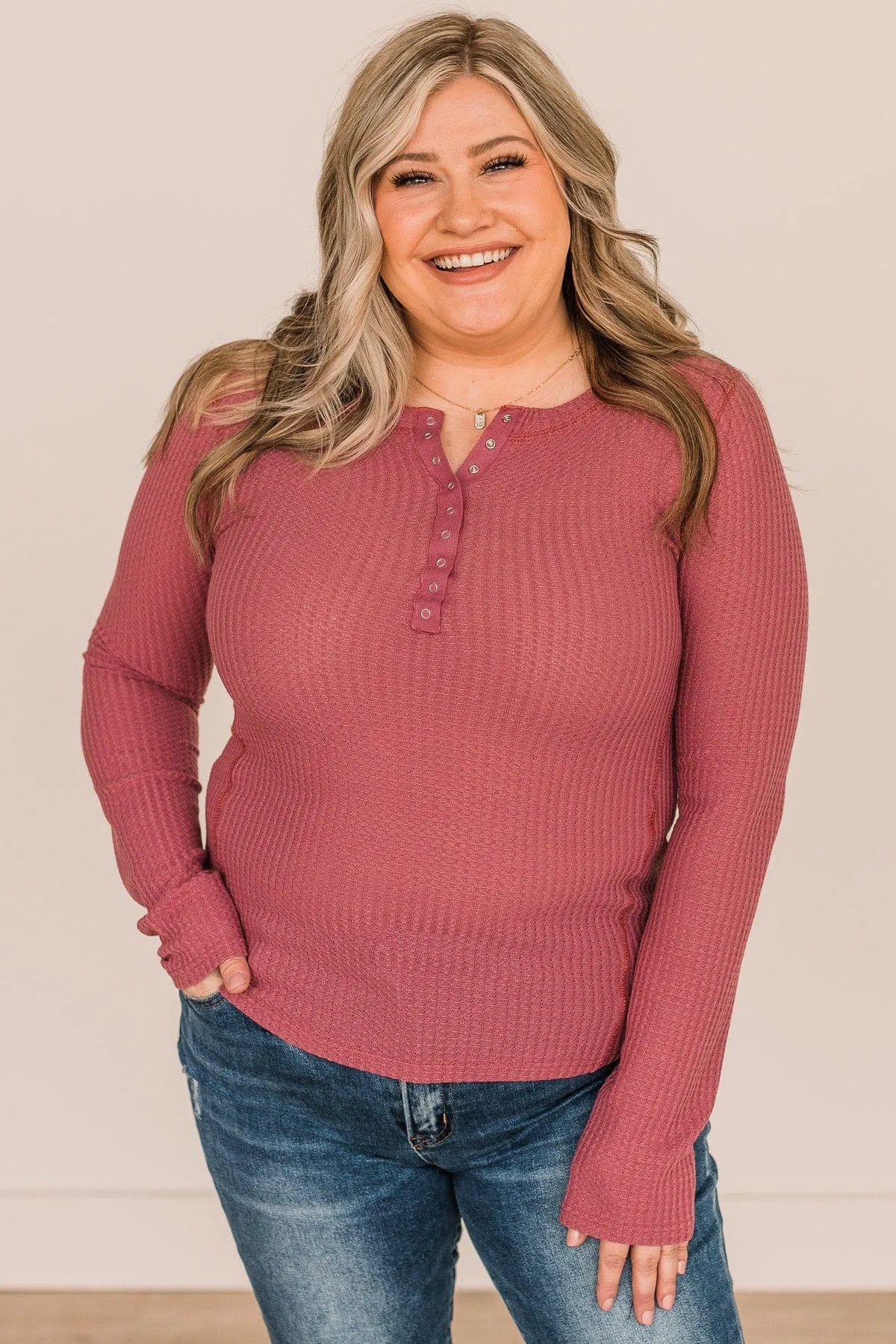 Dreams Of Us Waffle Knit Henley Top- Mauve