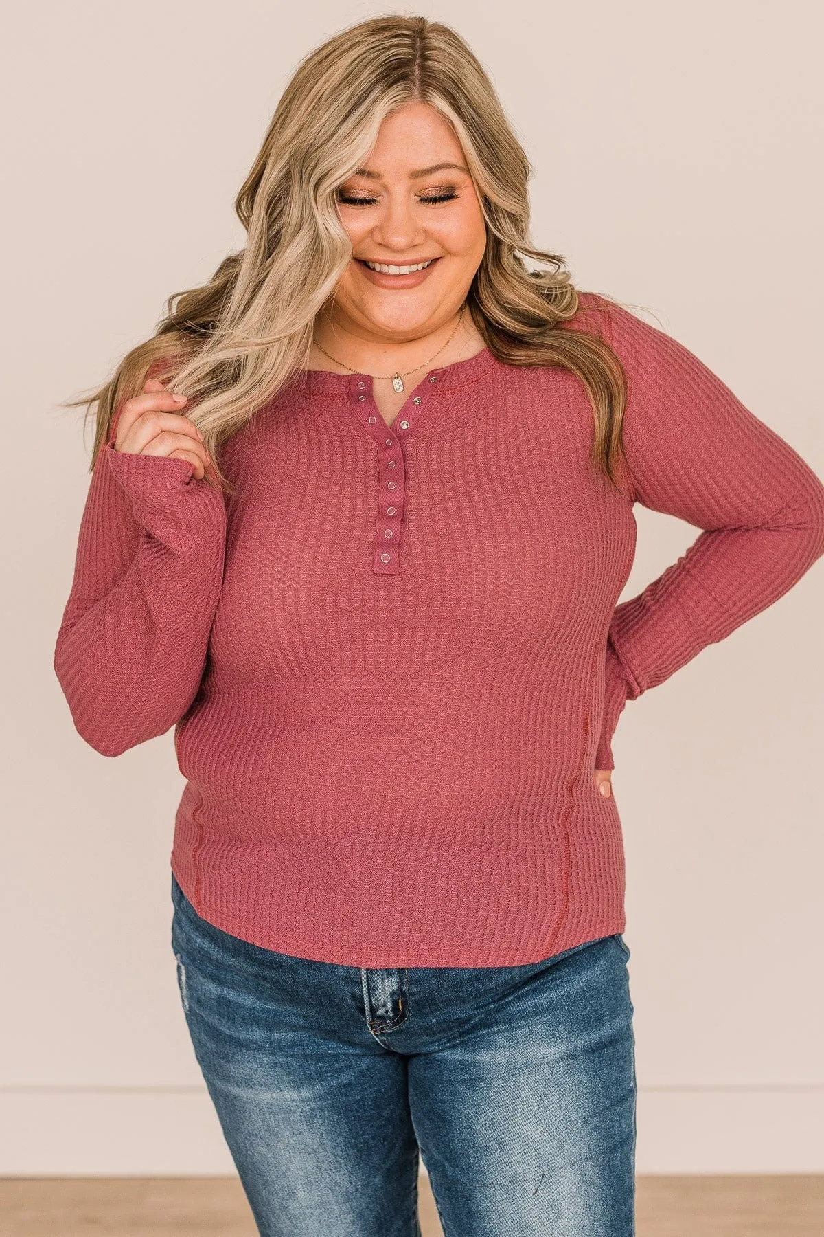 Dreams Of Us Waffle Knit Henley Top- Mauve