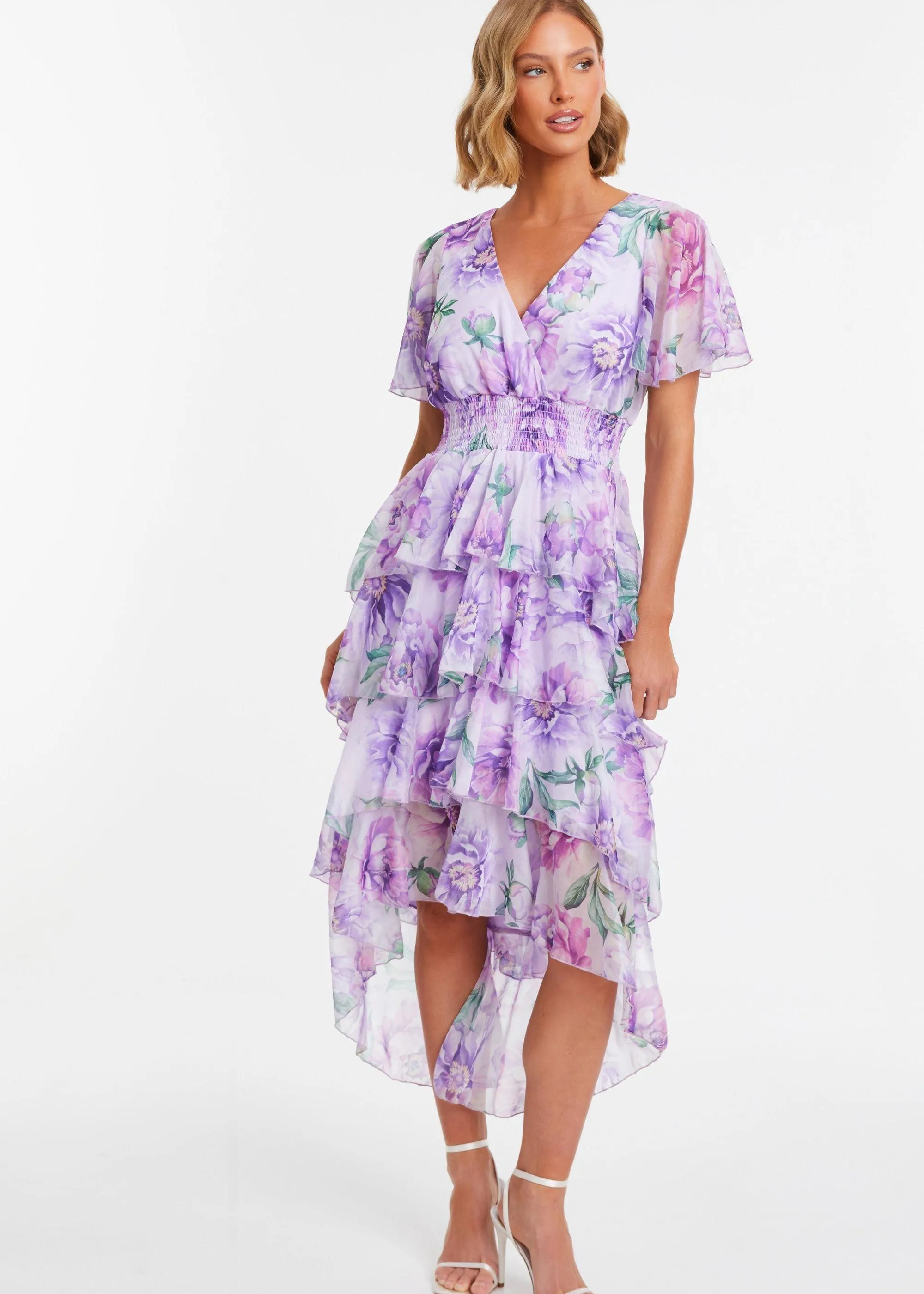 Dresses | Floral Chiffon Frill Dip Hem Dress | Quiz