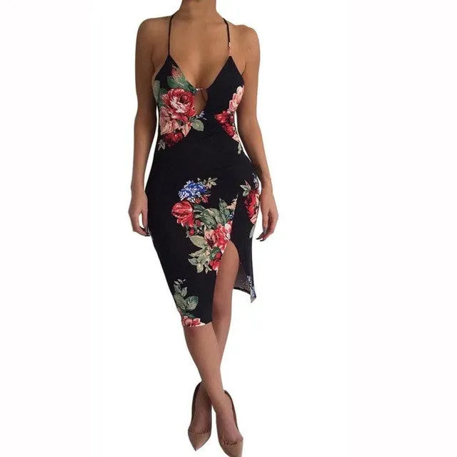 Elegant Dress Women's Sexy  Bandage Bodycon Chinese Style Floral Print V Neck Party Dresses Short Mini Dress Robe  #43 GS