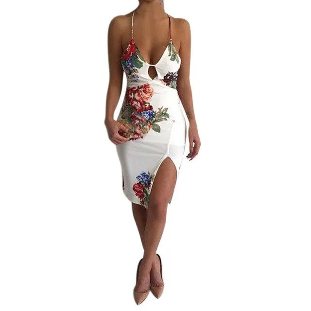 Elegant Dress Women's Sexy  Bandage Bodycon Chinese Style Floral Print V Neck Party Dresses Short Mini Dress Robe  #43 GS