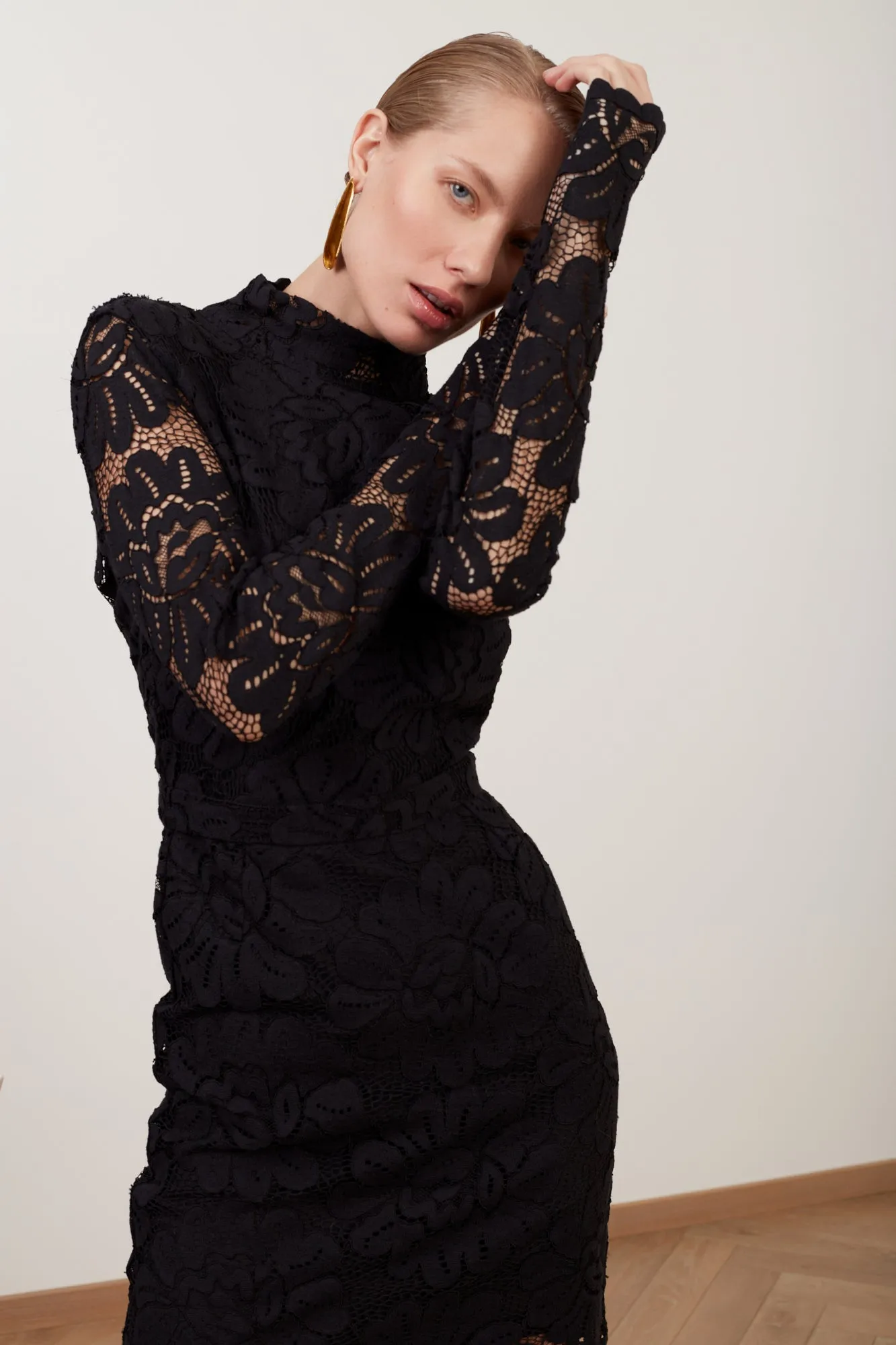 ELENA black floral lace midi dress with open back