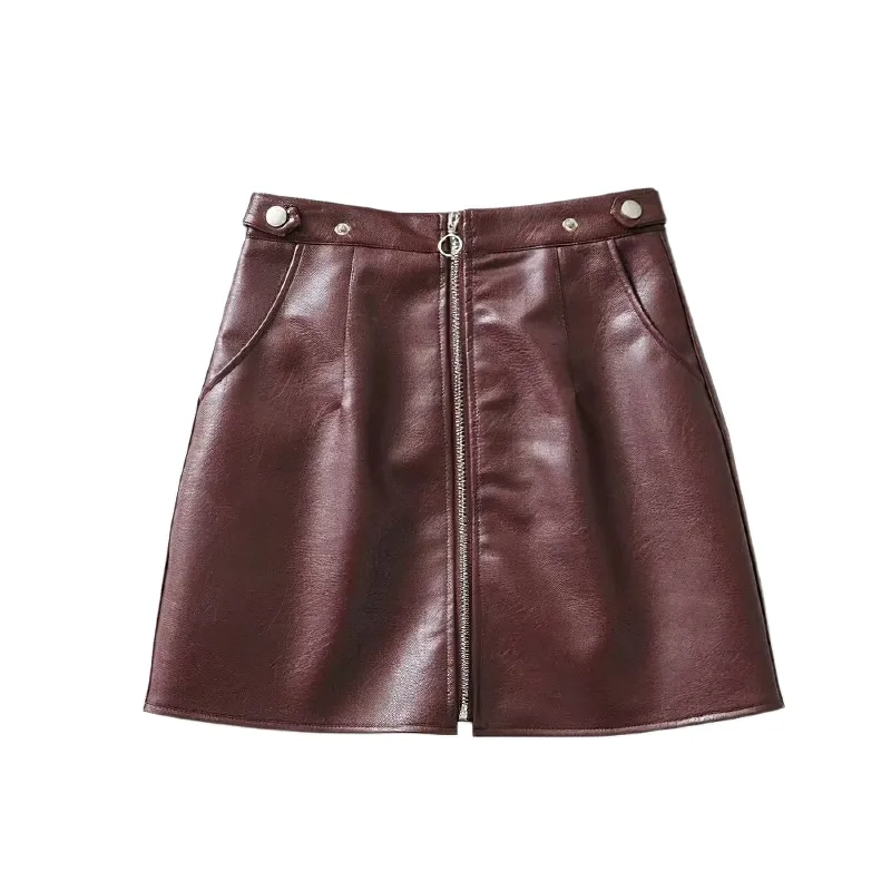 Fashion Faux Leather Mini skirts / Women's Black High Waist Front Zipper Skirt