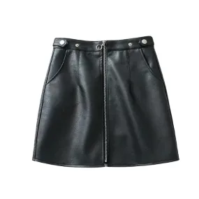 Fashion Faux Leather Mini skirts / Women's Black High Waist Front Zipper Skirt