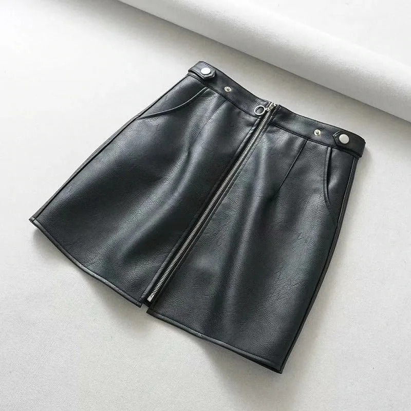 Fashion Faux Leather Mini skirts / Women's Black High Waist Front Zipper Skirt