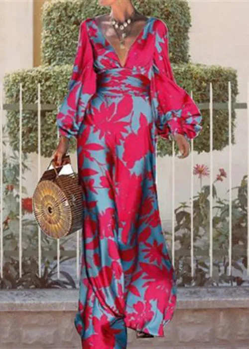 French Rose V Neck Print Cotton Long Dresses Long Sleeve