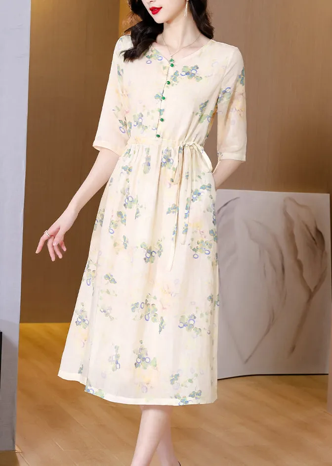 French Yellow Print Lace Up Pockets Linen Dresses Half Sleeve