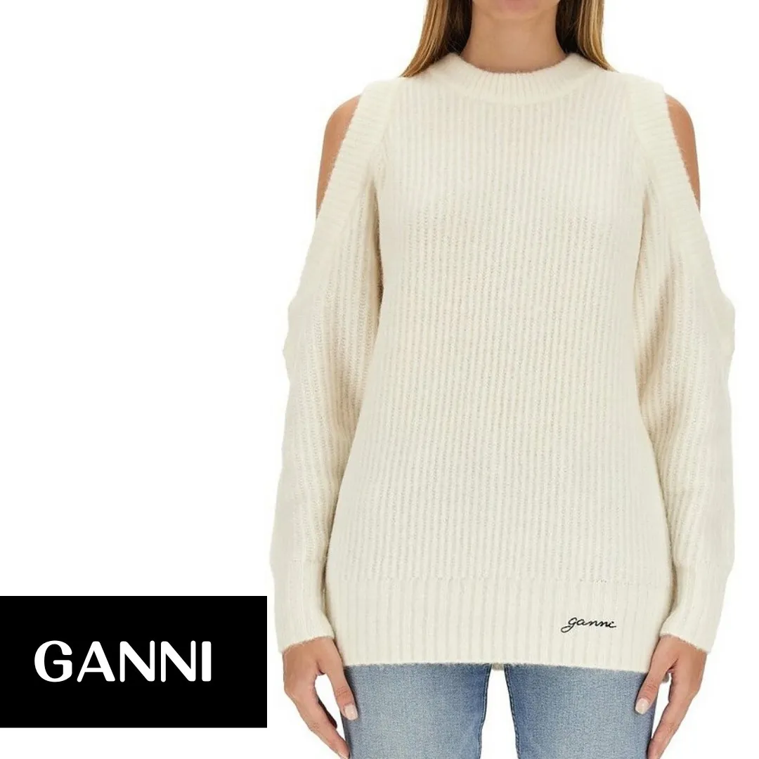 Ganni  |Long Sleeves Plain Logo V-neck & Crew neck