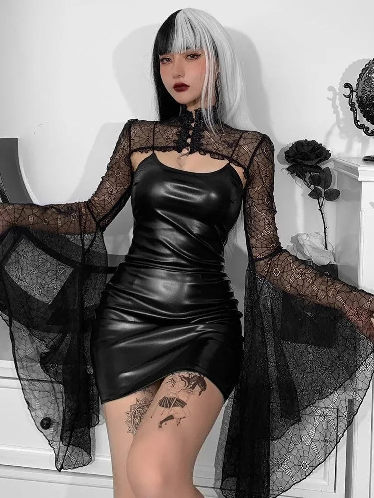 Gothic Faux Leather Dress Lace Suit  Sexy Flare Sleeve