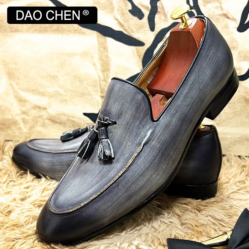 GRAY SLIP ON TASSELS LOAFERS GENUINE LEATHER FORMAL SHOES