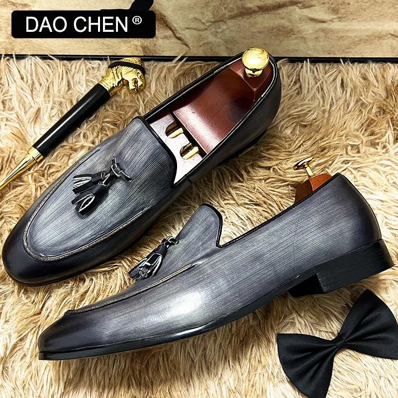 GRAY SLIP ON TASSELS LOAFERS GENUINE LEATHER FORMAL SHOES